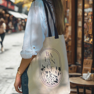 Balance shopper tag vászontáska egy nő vállán kávézó a háttérben