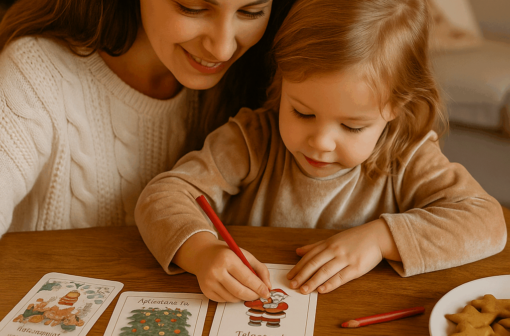 Anya a kislányával adventi kalendáriumba való élménykártyákat nézeget