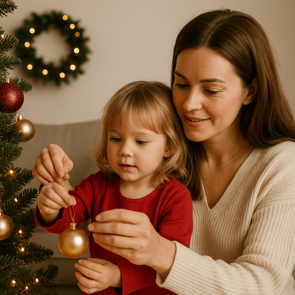 Anya és gyermeke együtt díszíti a karácsonyfát, közös adventi élményt teremtve