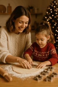 Anya és kisgyermeke együtt süt karácsonyi kekszet, közös adventi programkén