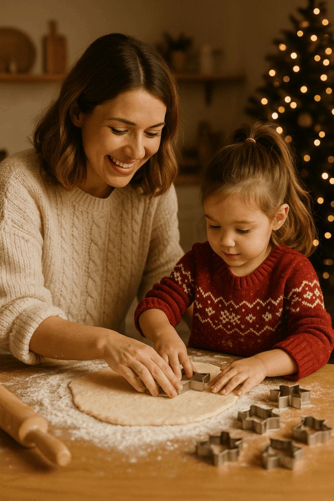 Anya és kisgyermeke együtt süt karácsonyi kekszet, közös adventi programkén