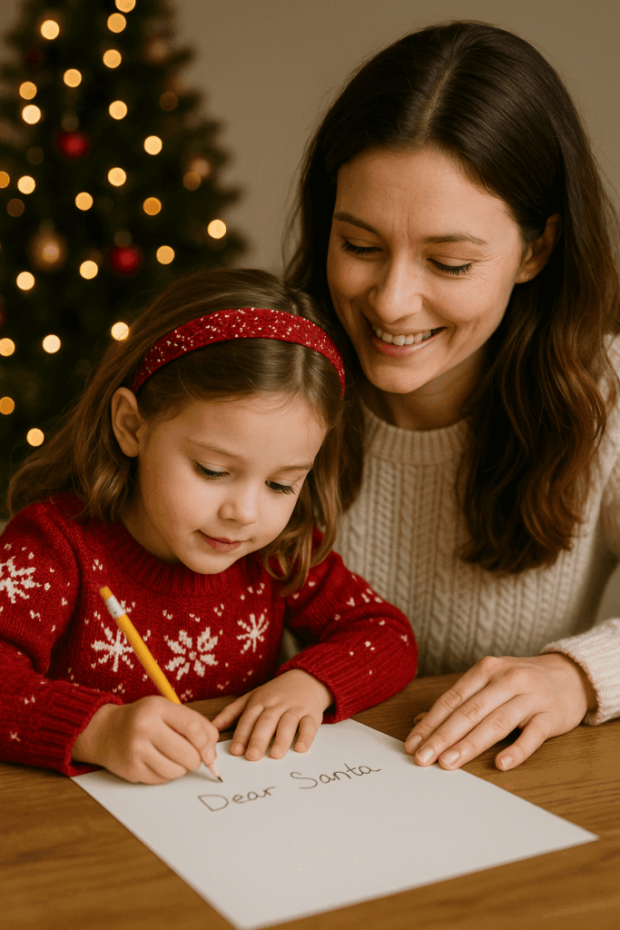 Anyuka és kisgyermeke együtt ír levelet a Mikulásnak otthon, meghitt adventi hangulatban