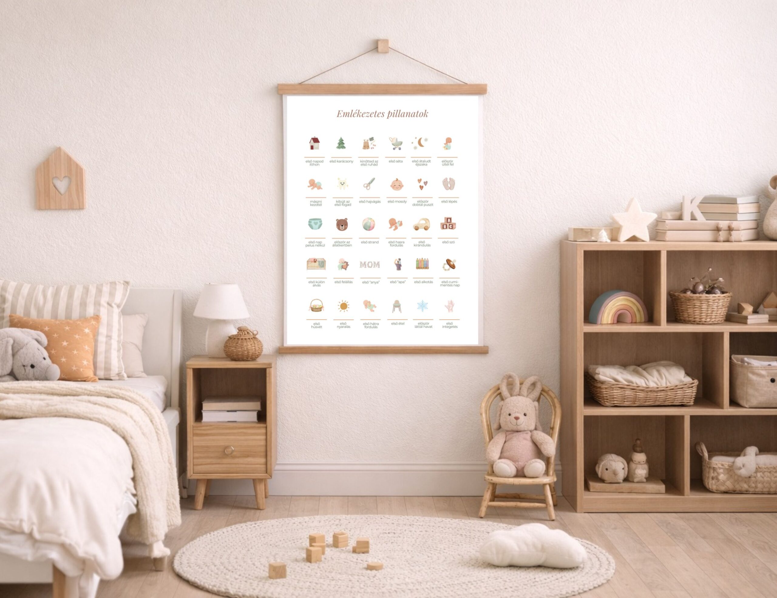 Baba mérföldkő poszter egy világos, letisztult gyerekszobában, a falon dekorációként