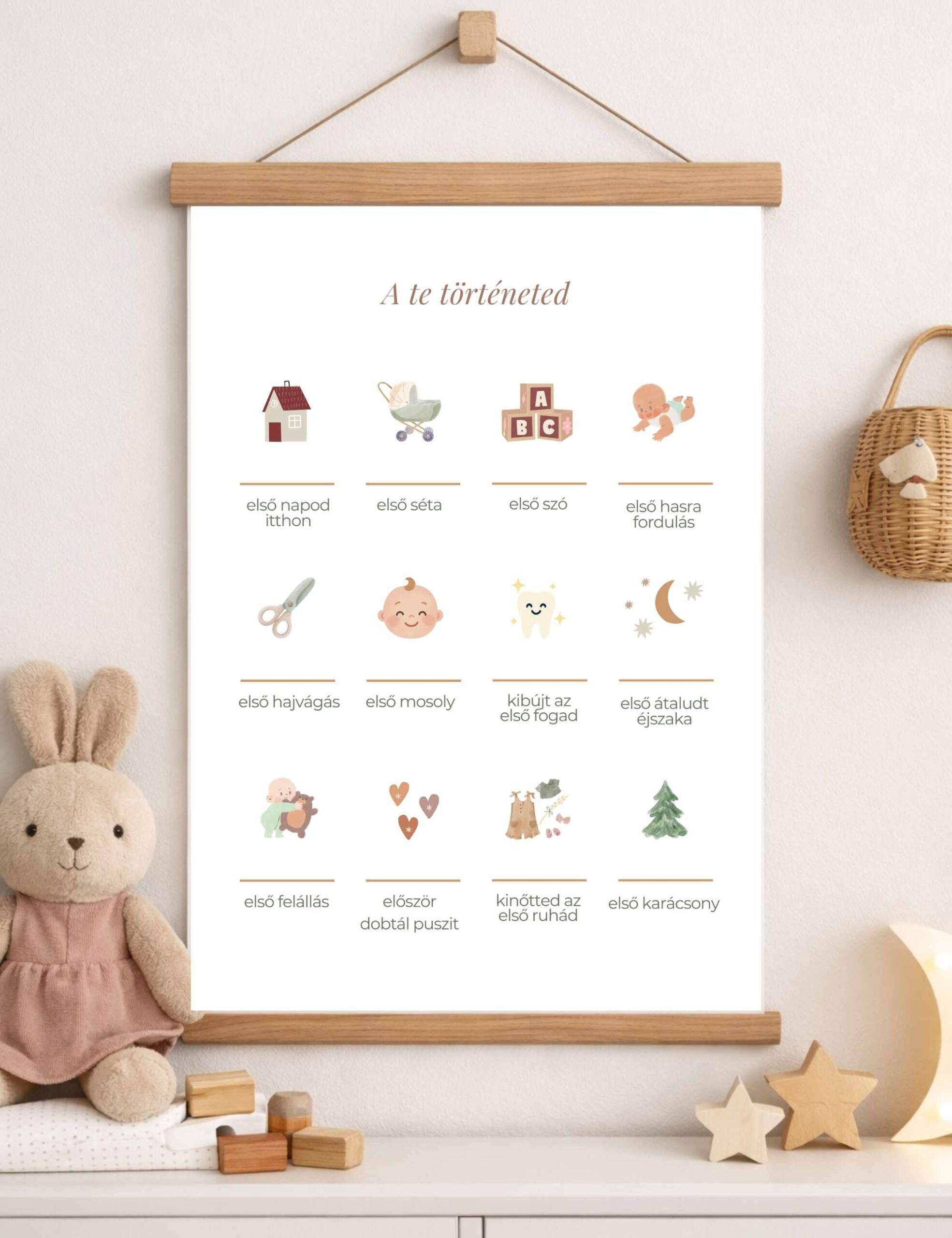 kedves grafikájú baba mérföldkő poszter kisbabás babaszobában a falon 