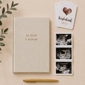 bump to baby várandós kismama emlékőrző ajándékcsomag, várandósnaplóval, várandós mérföldkőkártya csomaggal és egy arany színű tollal