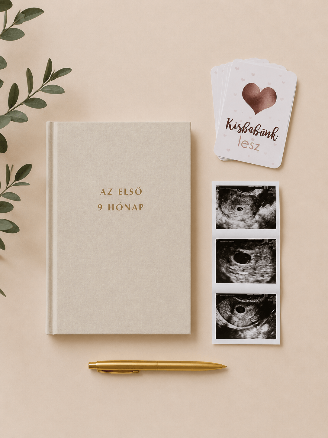 bump to baby várandós kismama emlékőrző ajándékcsomag, várandósnaplóval, várandós mérföldkőkártya csomaggal és egy arany színű tollal